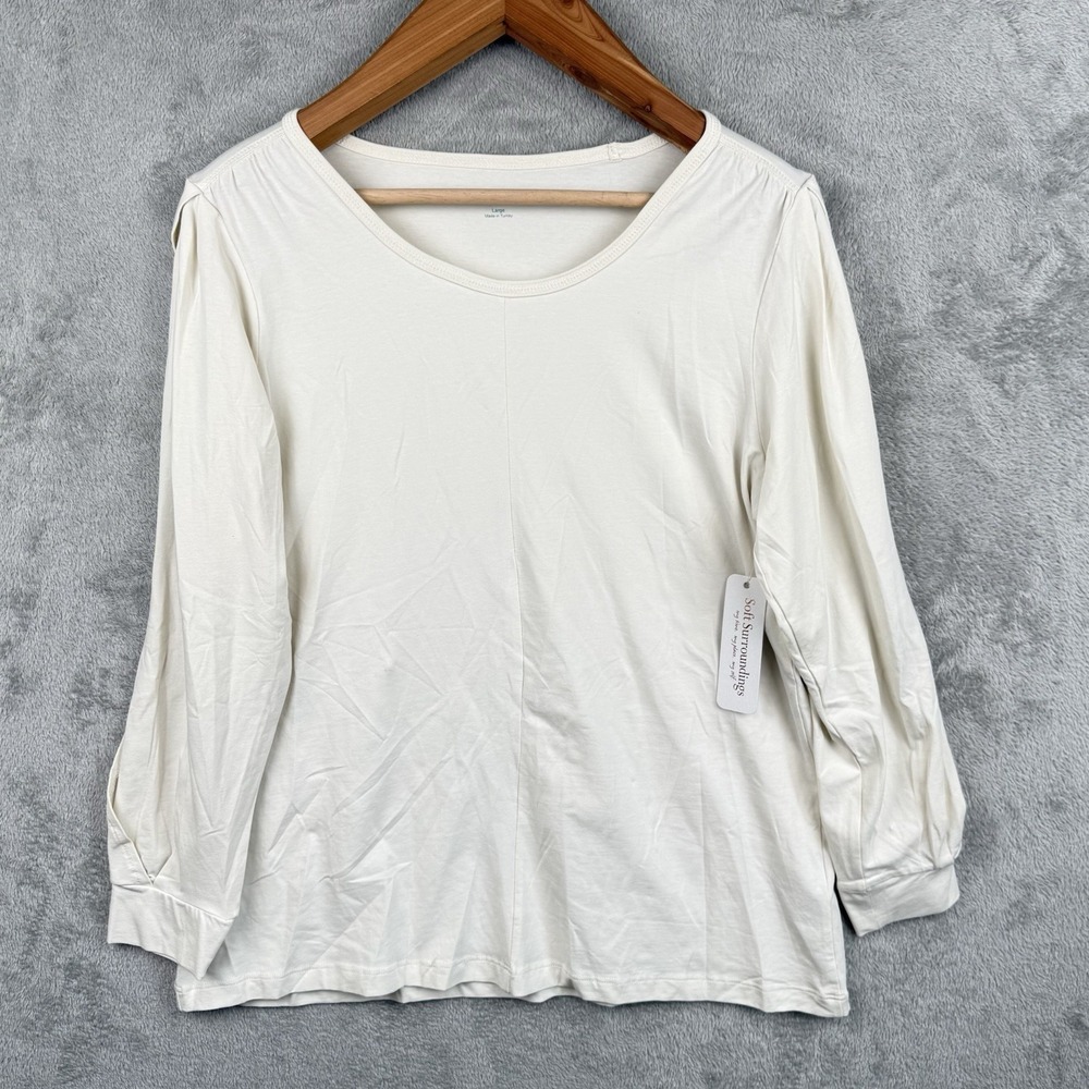 Soft Surroundings Seema Twist Sleeve Top Womens L Ivory‎ Side Slit Staple NWT